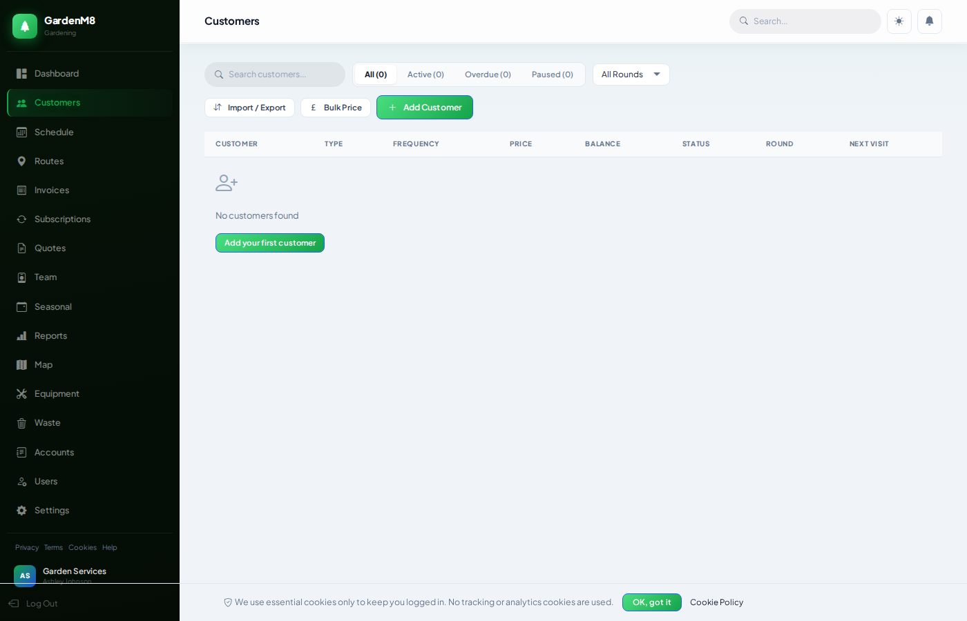 GardenM8 Customers — CRM with garden profiles and job history
