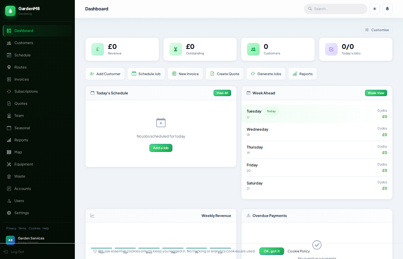 GardenM8 Dashboard — overview of jobs, revenue, and team activity