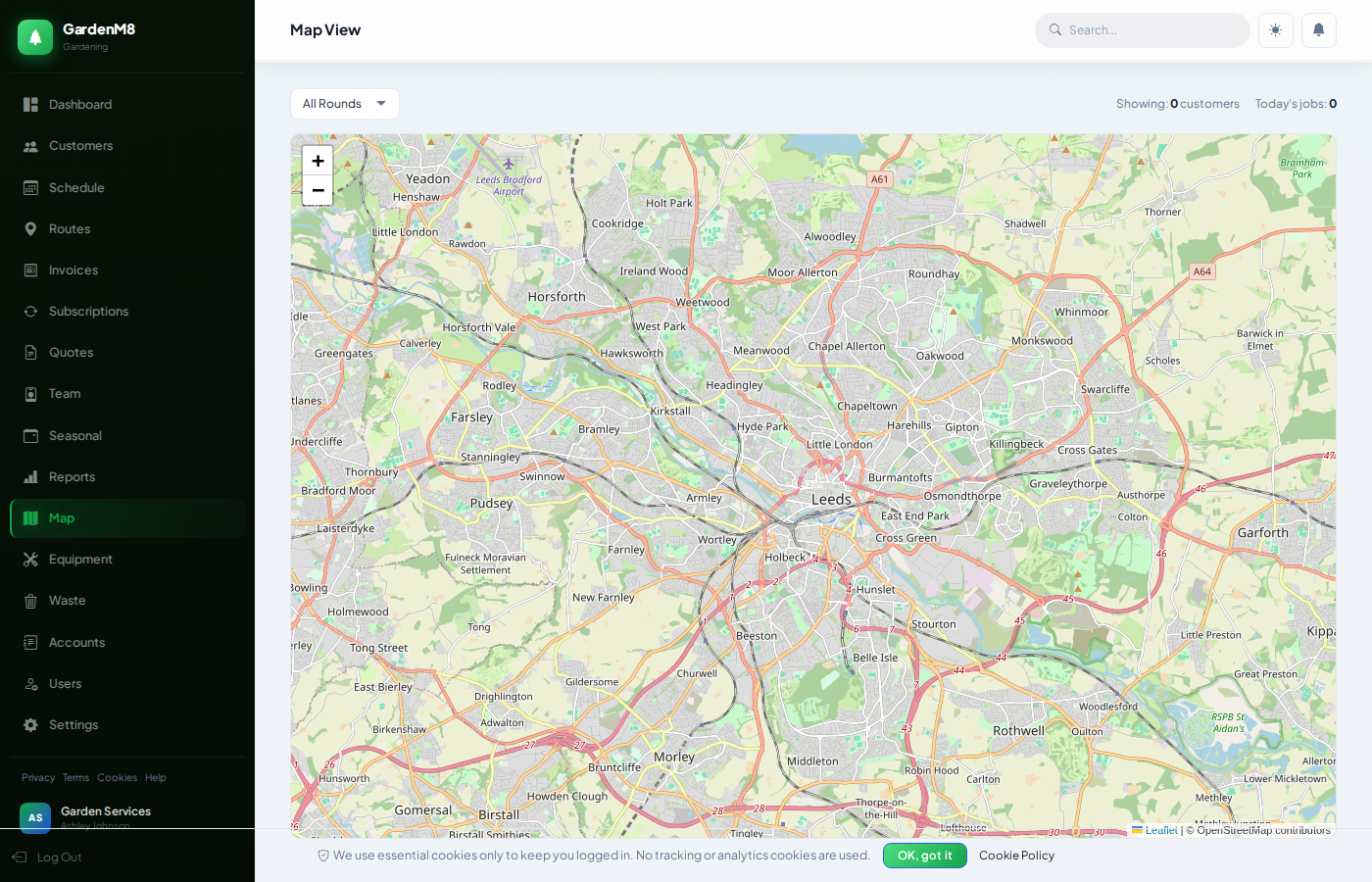 GardenM8 Map View — interactive customer map for route planning