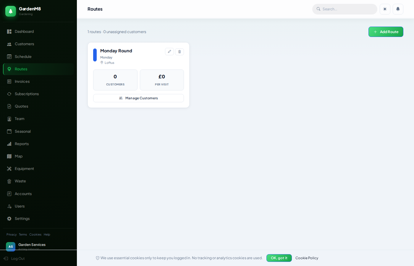 GardenM8 Routes — recurring route management