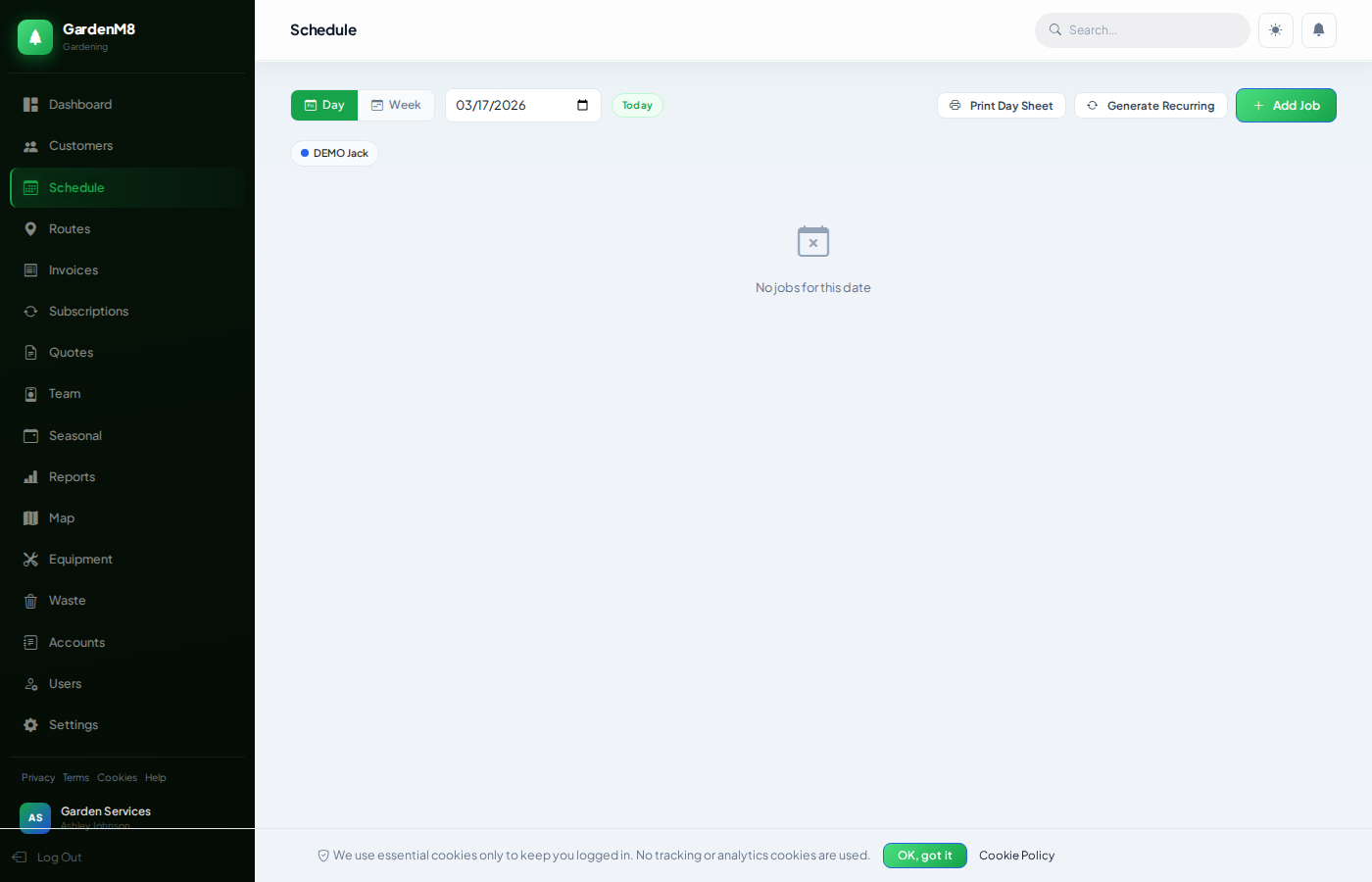 GardenM8 Schedule — weekly job calendar and route view