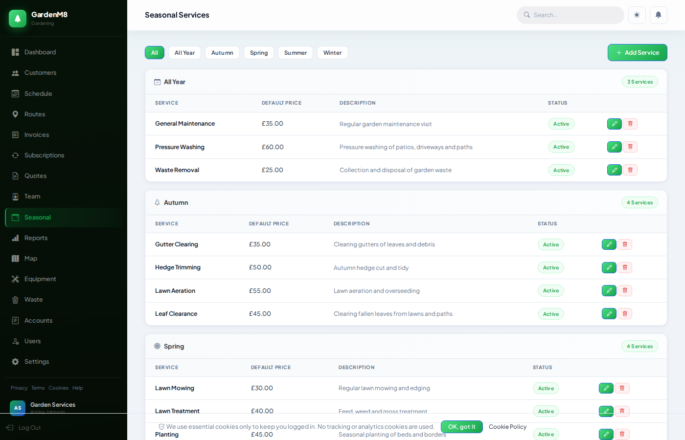 GardenM8 Seasonal Services — services organised by season with pricing